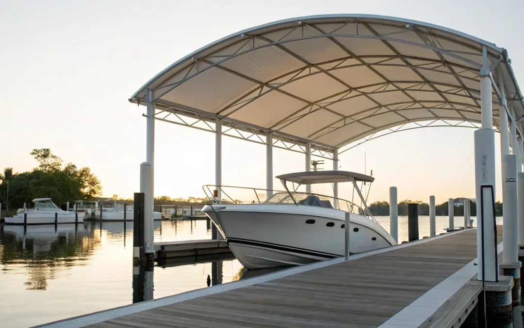 A boat on a lift sheltered by a durable boat lift awning.
