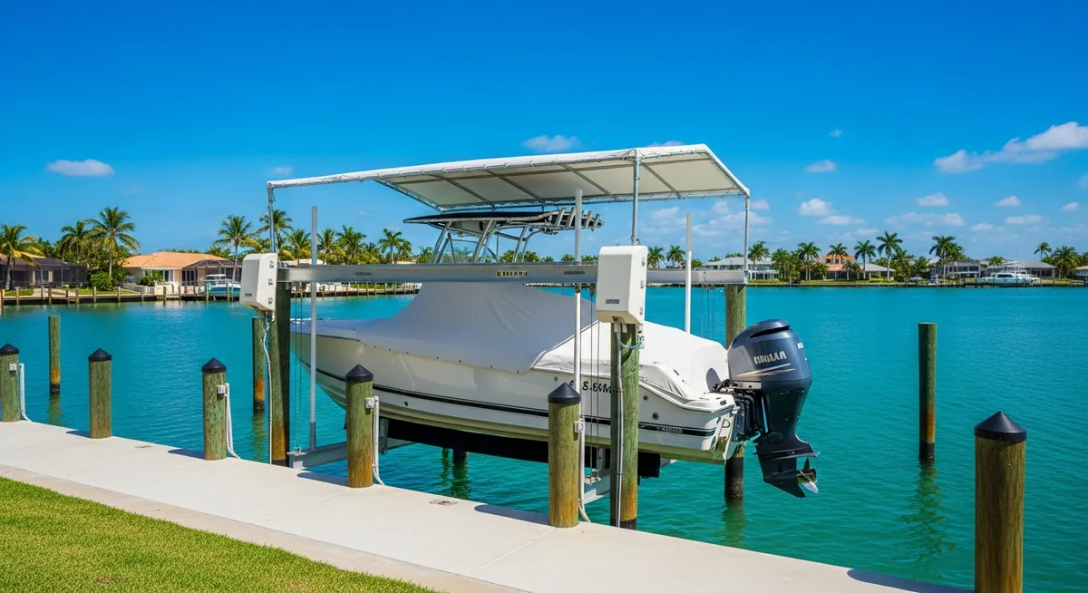Professional boat lift cover installation on a Florida dock