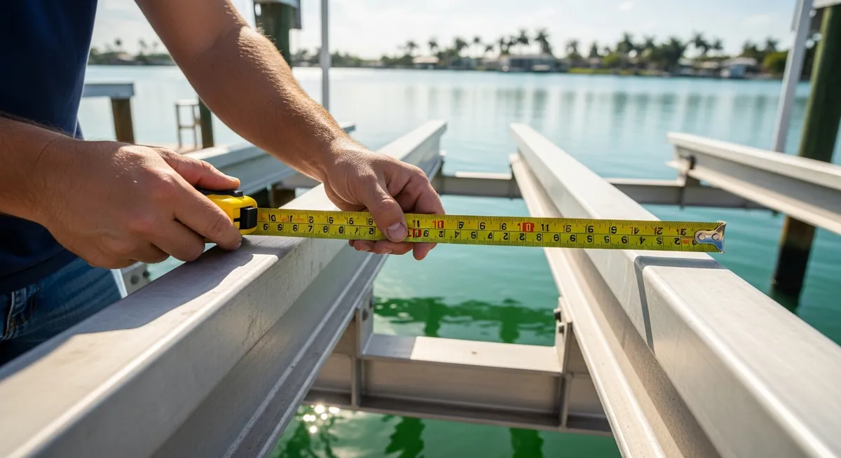 Professional measuring boat lift frame width for custom cover sizing