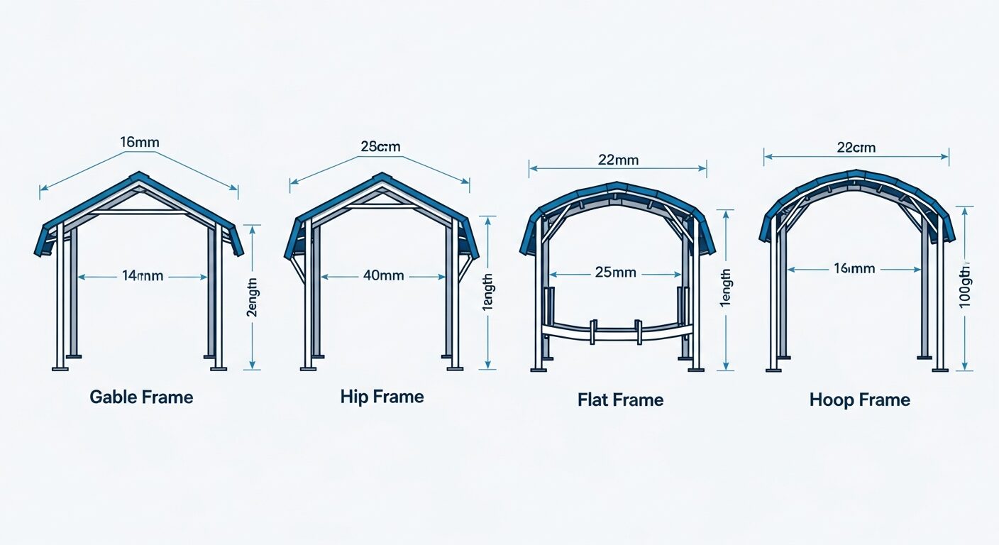 Diagram showing different boat lift canopy frame styles with measurement dimensions