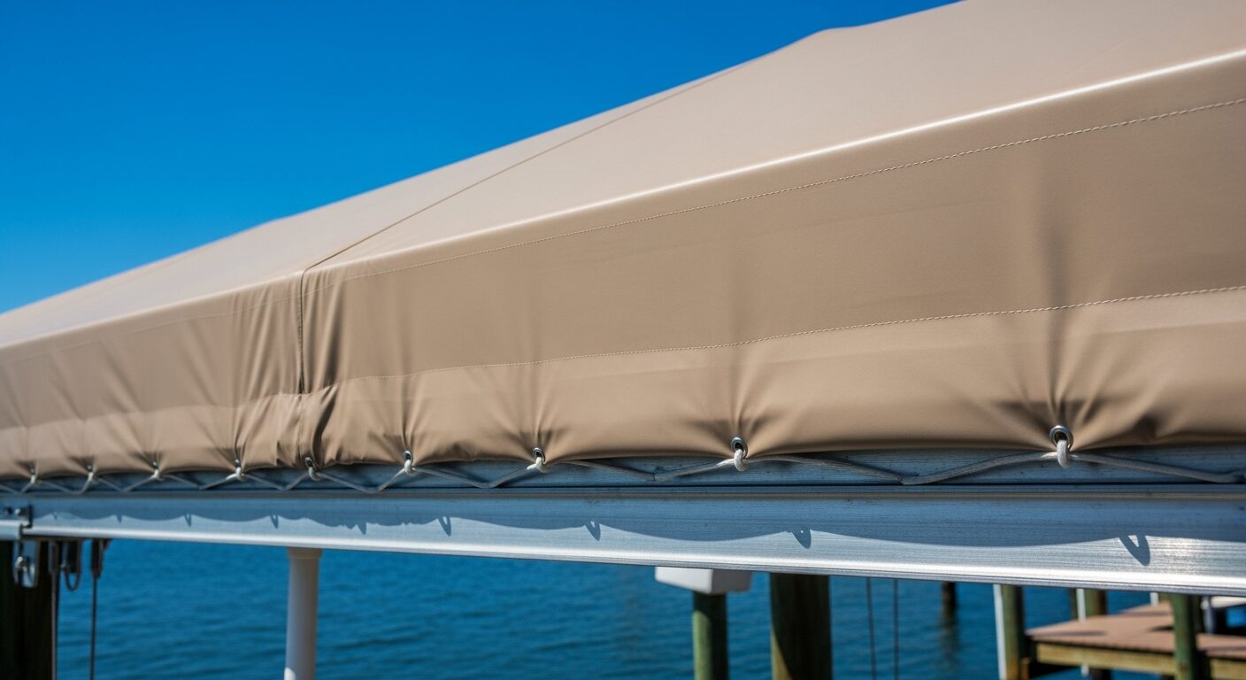 Marine-grade Patio 500 fabric showing perfect fit on a boat lift canopy frame