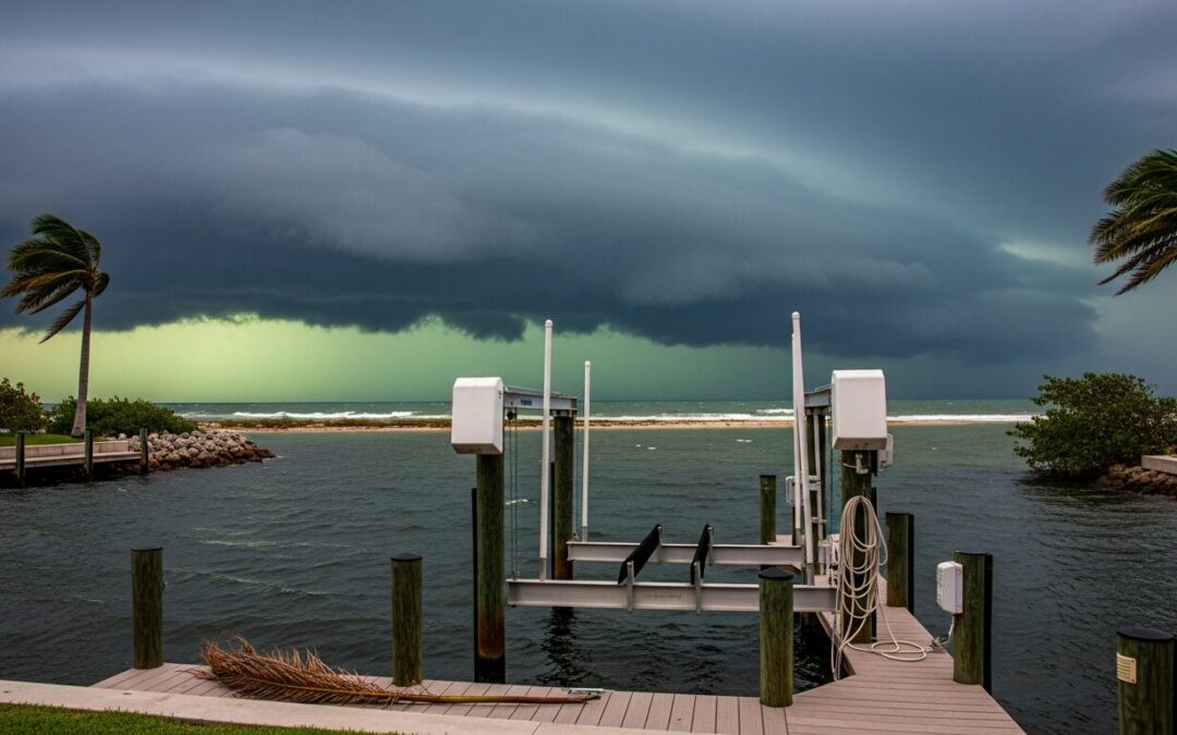 Boat lift on Florida dock with canopy removed for hurricane season protection