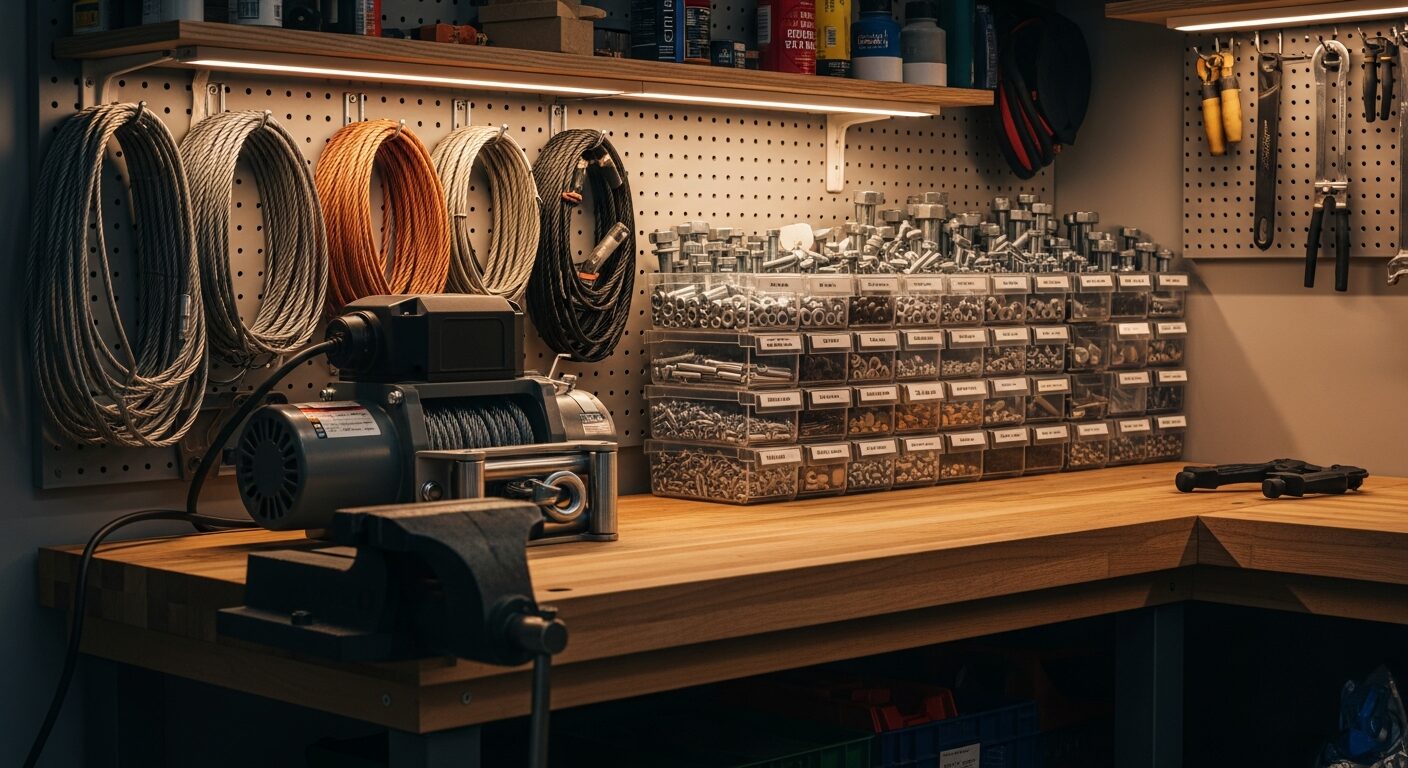 Boat lift motor and hardware stored safely indoors for hurricane preparation