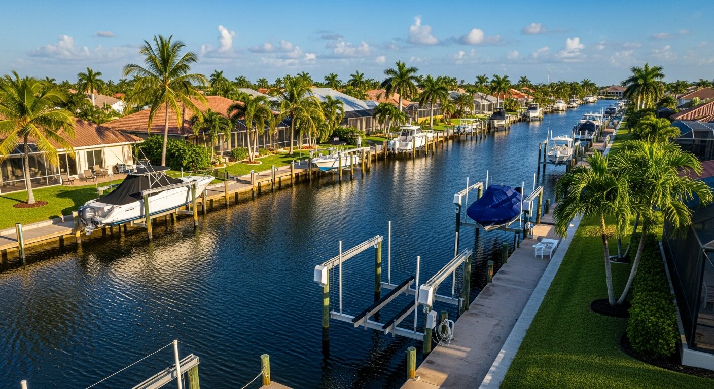Southwest Florida canal with boat lifts after hurricane season storm passes