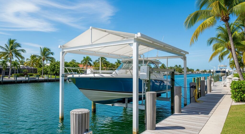 Quality boat lift canopy system installed over a sport boat at a Southwest Florida waterfront dock