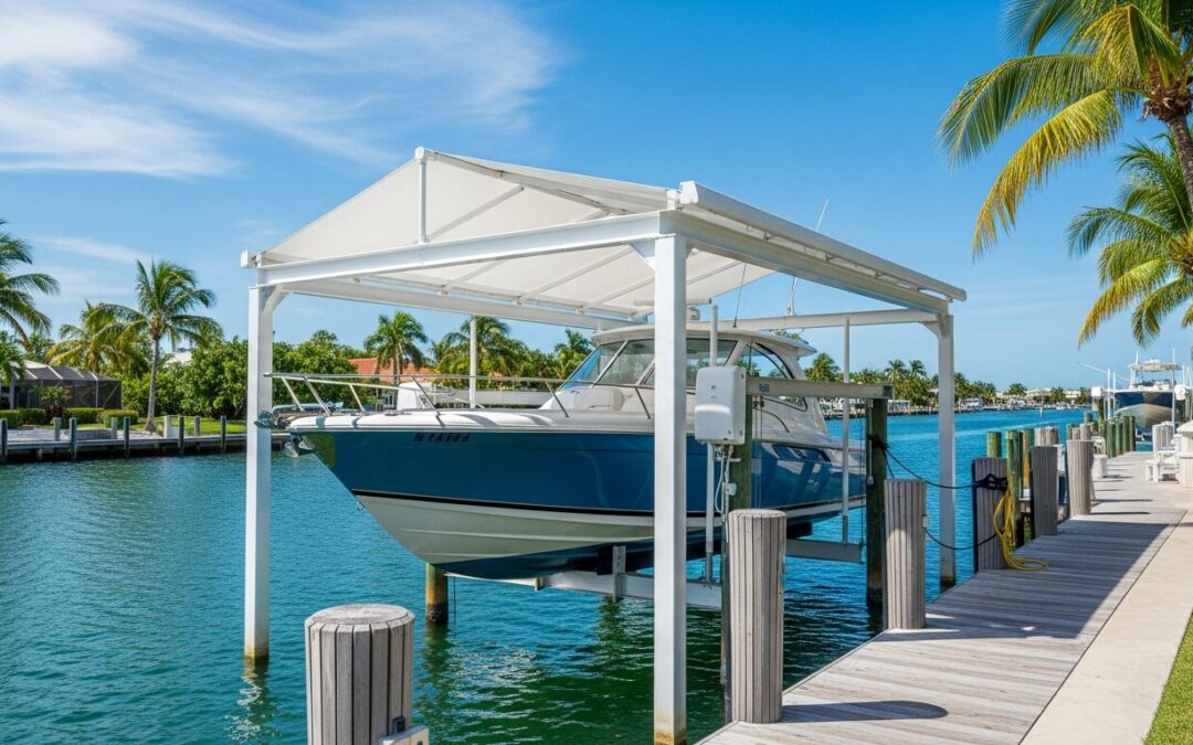 Quality boat lift canopy system installed over a sport boat at a Southwest Florida waterfront dock