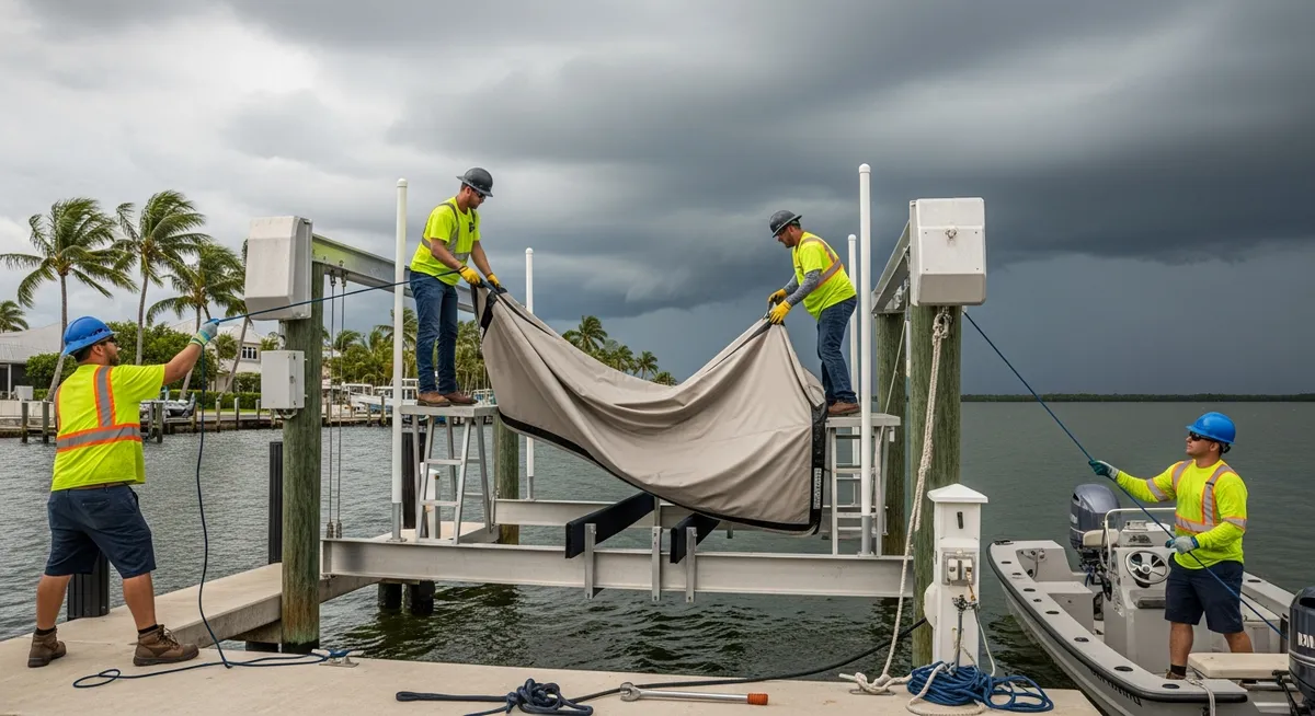 Workers removing a boat lift canopy cover before hurricane season in Southwest Florida