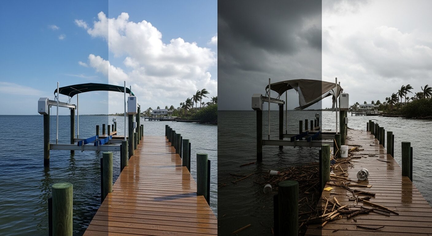 Before and after comparison of hurricane damage to boat lifts