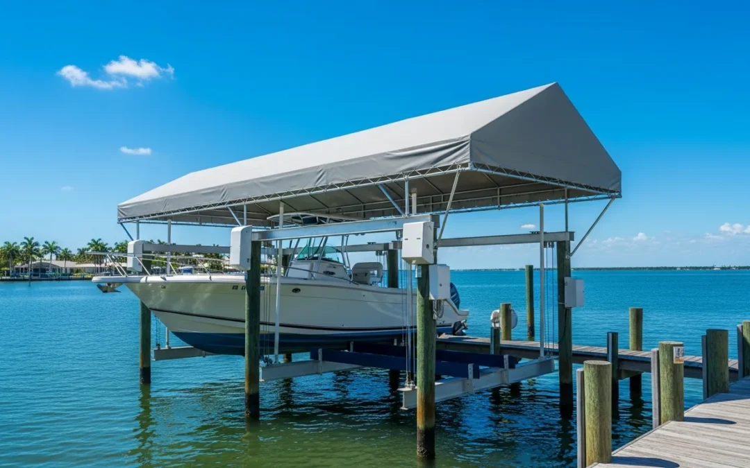 Well-maintained boat lift canopy protecting a boat at a Florida waterfront dock