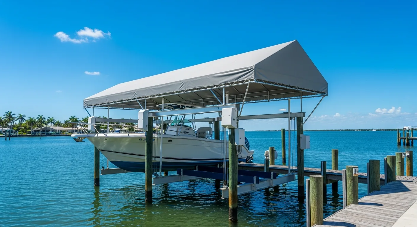Boat lift canopy installed on a Sarasota waterfront dock