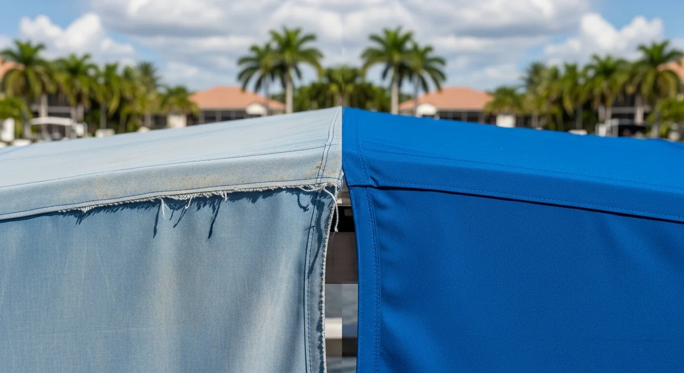 Comparison of new and weathered boat lift canopy fabric showing signs of wear