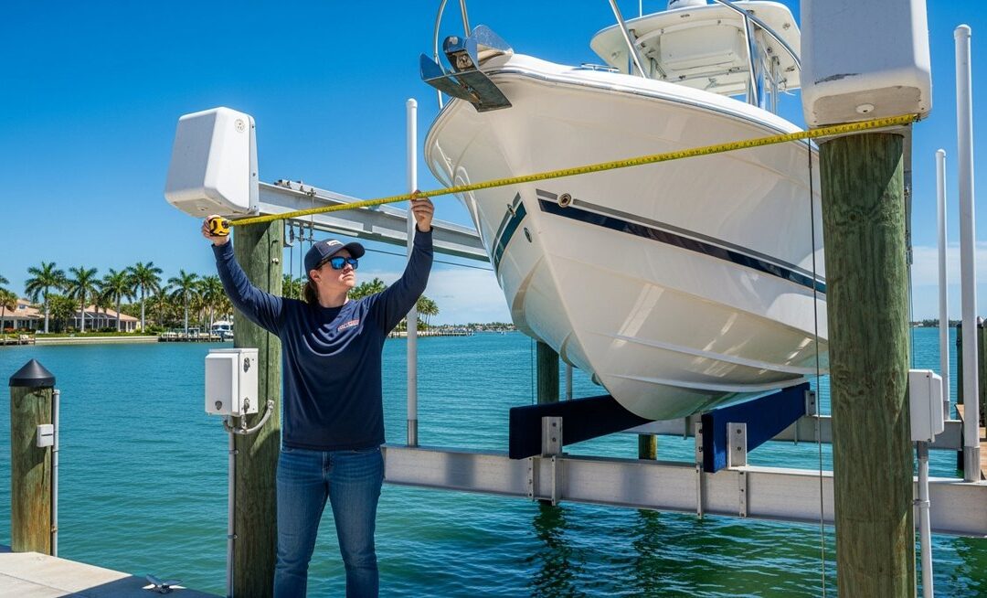 Person measuring a boat lift for a custom canopy cover at a Florida dock