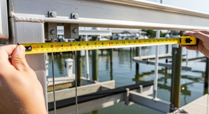Close-up of measuring a boat lift canopy frame width with a tape measure