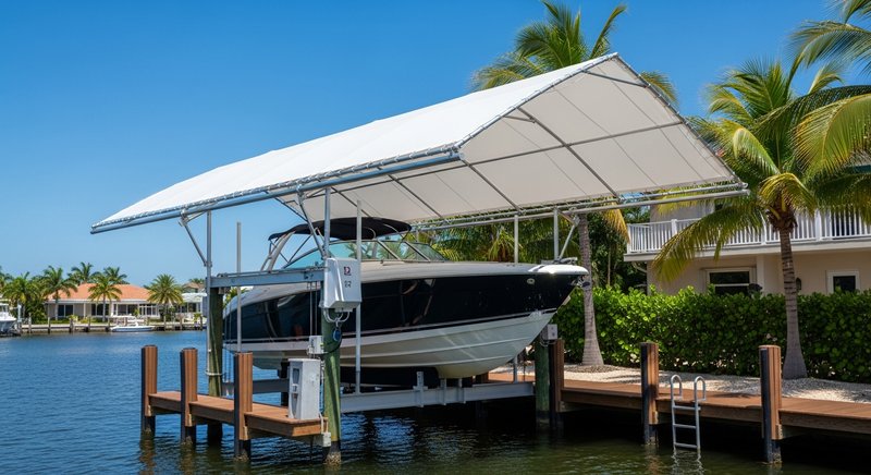 Custom boat lift canopy installed at a Southwest Florida waterfront property