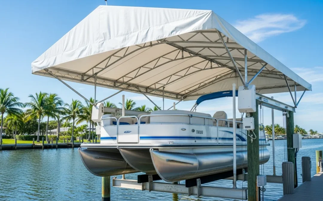 Pontoon boat protected by a boat lift canopy at a Southwest Florida waterfront dock