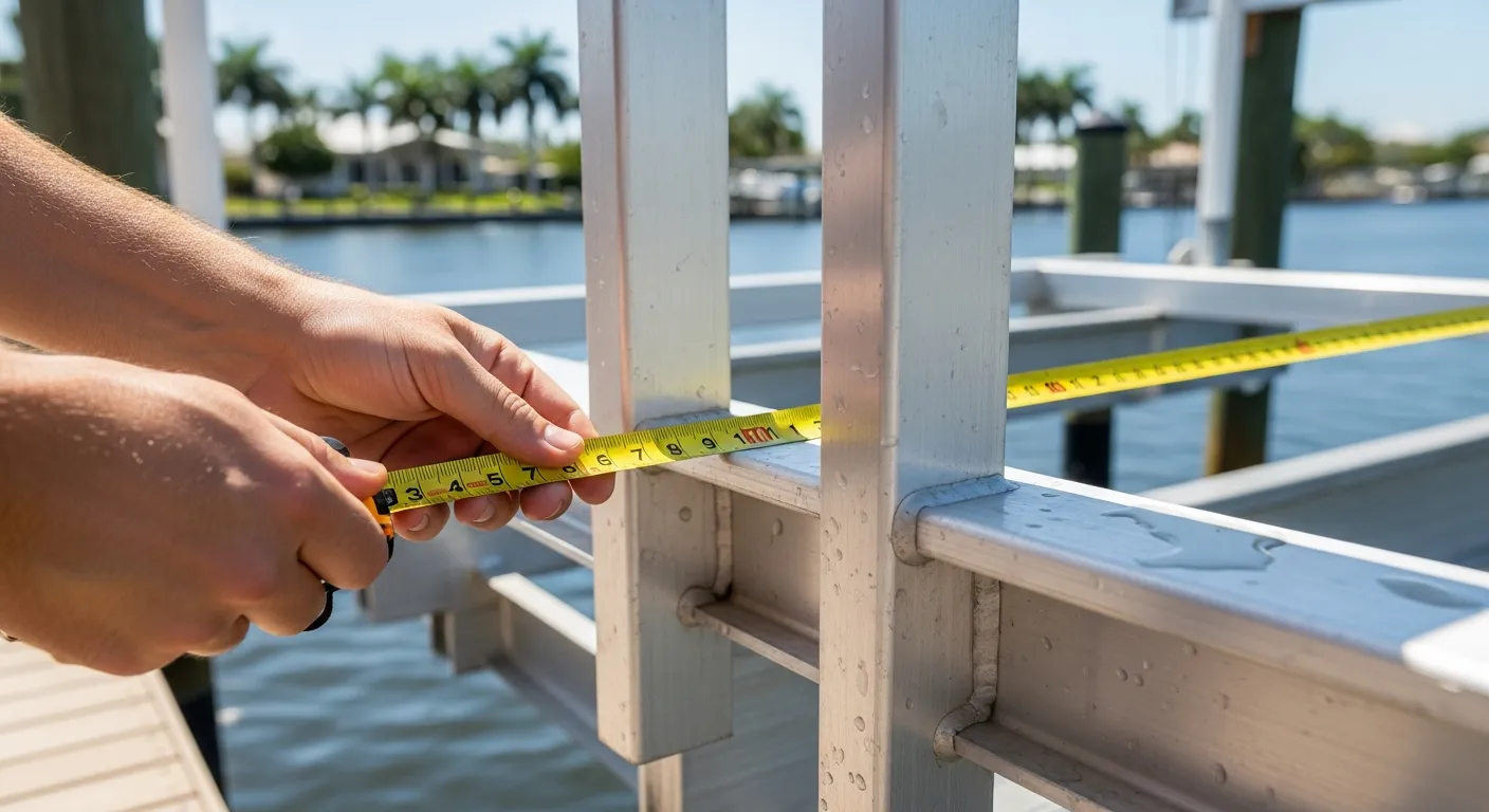 Measuring a boat lift frame for a pontoon boat lift canopy installation