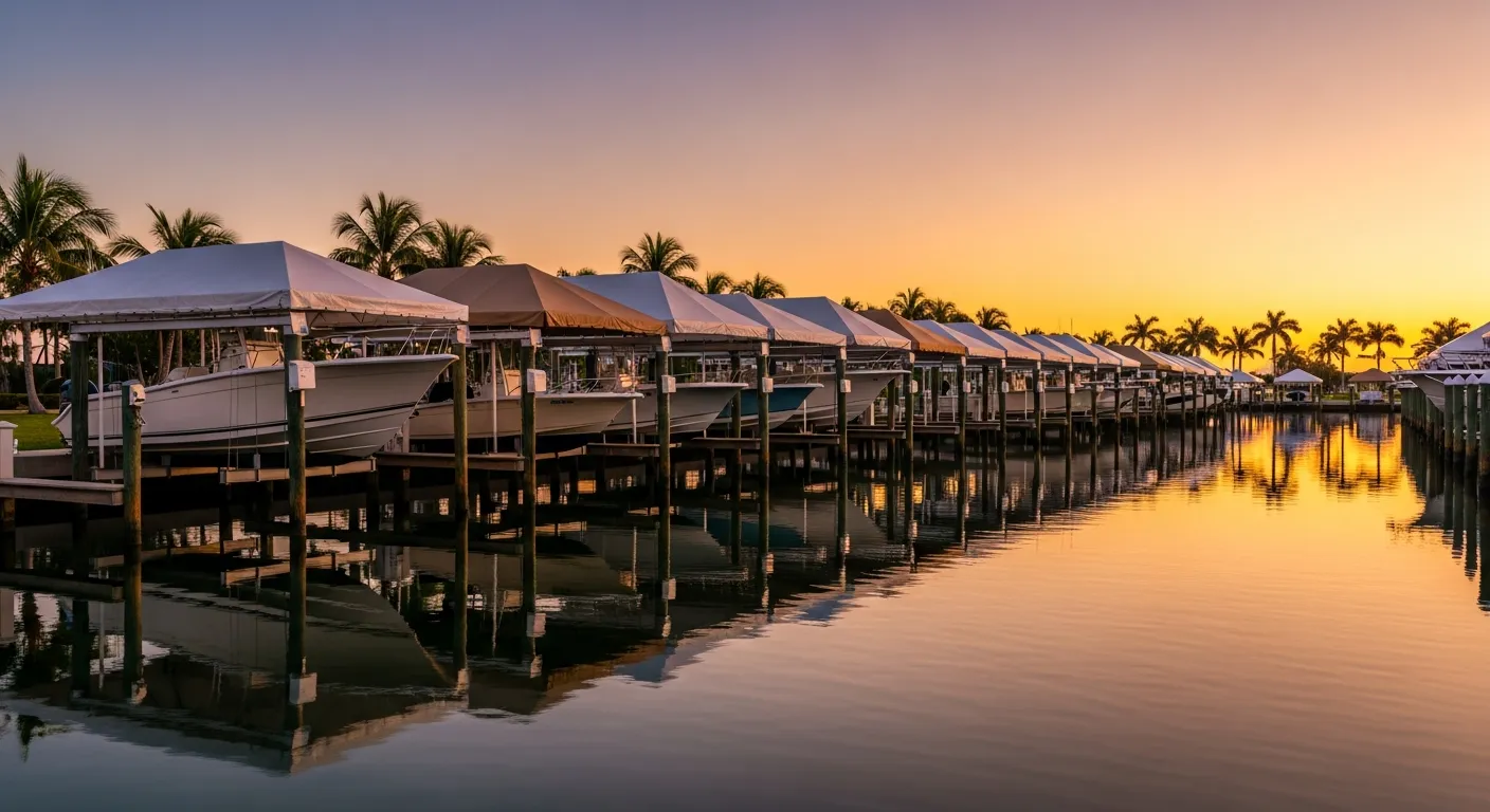 Multiple boat lift canopies protecting boats at a Southwest Florida marina