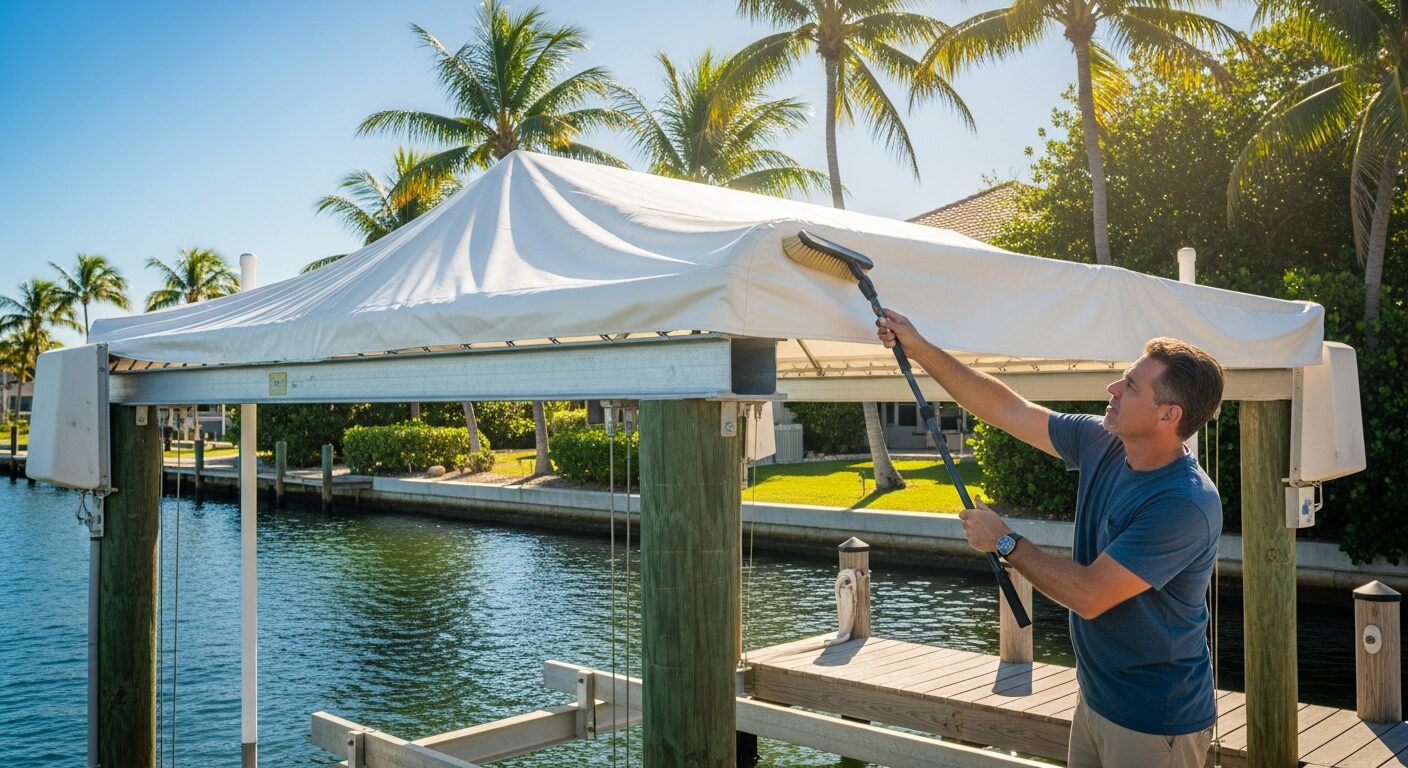 Boat owner cleaning boat lift canopy on Florida dock