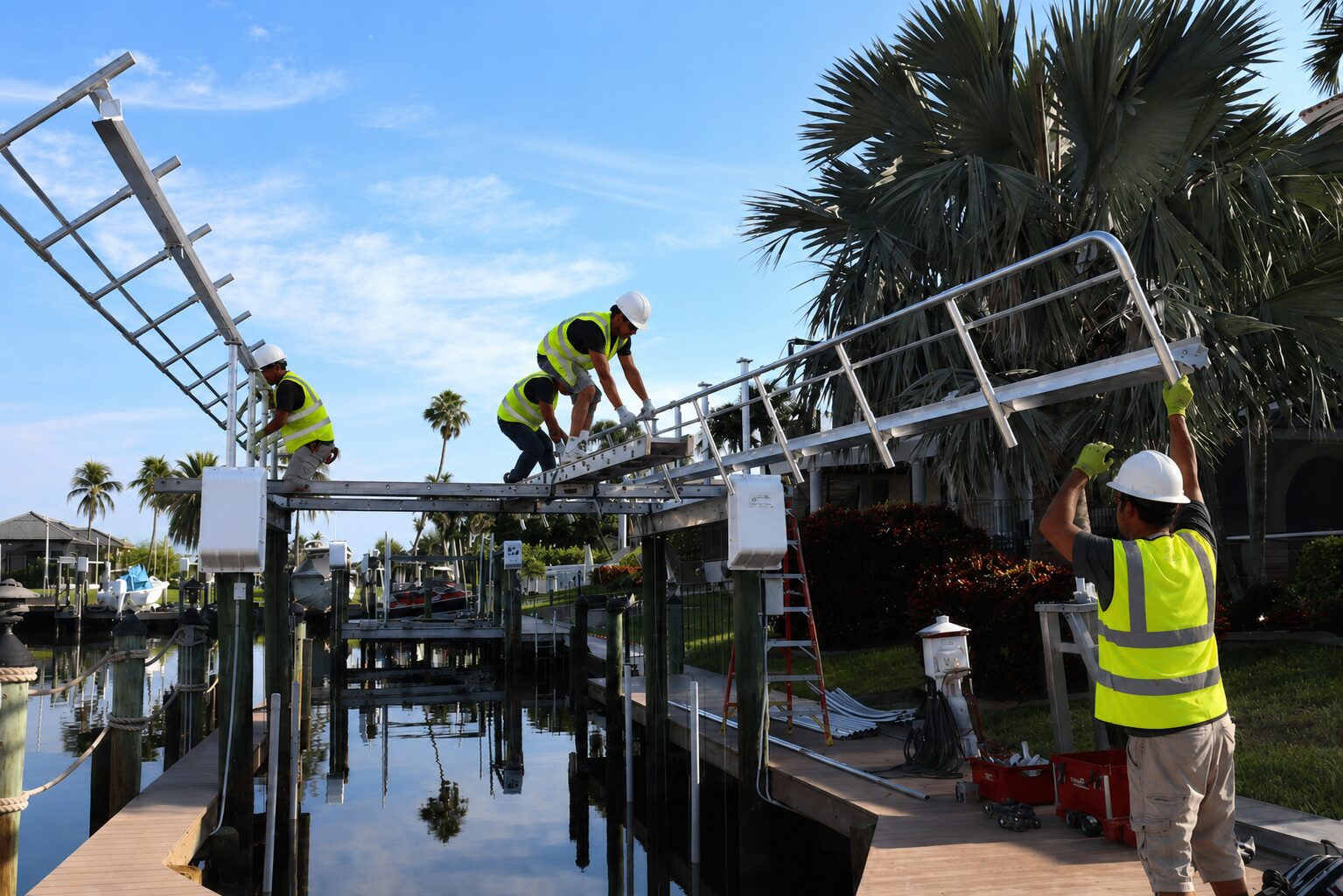Coastline crew in protective gear removing a boat lift canopy in Southwest Florida
